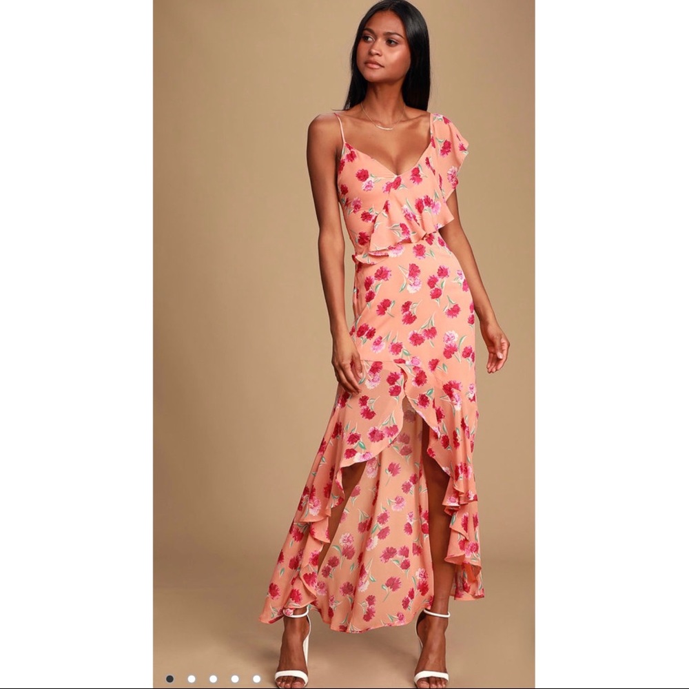 Lulus Coral Orange Floral Print Ruffled High-Low Dress worn once